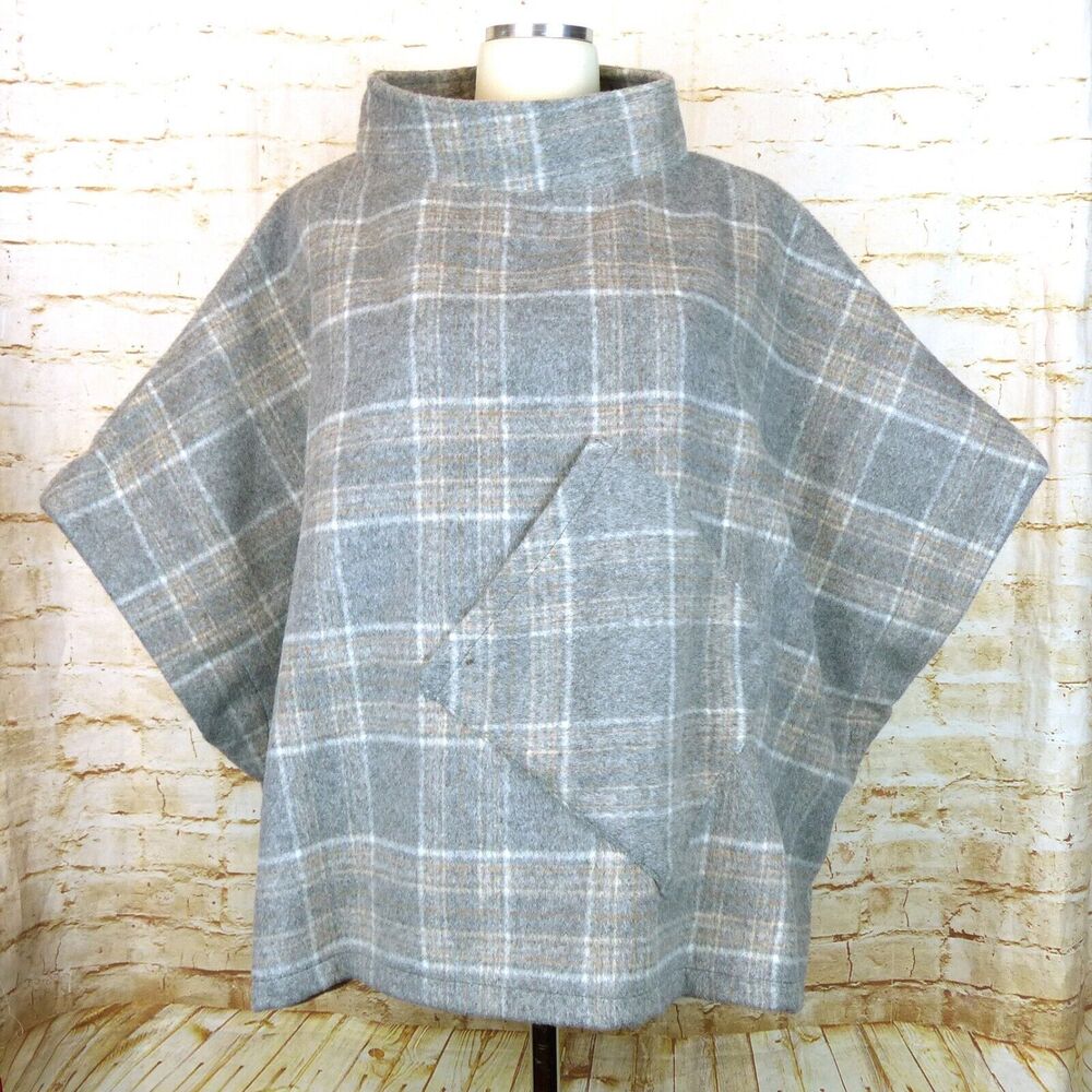 World Market Poncho One Size Cecil Gray Brushed Plaid Funnel Neck Lounge Pocket